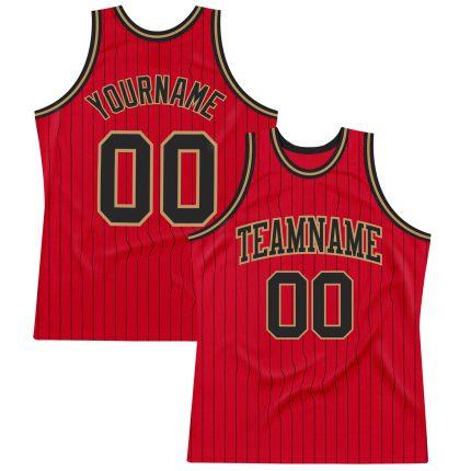 Personalized Red Black Pinstripe Black-Old Gold Authentic Basketball Jersey Team Custom Name and Number