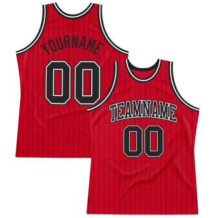 Personalized Red Black Pinstripe Black-White Authentic Basketball Jersey