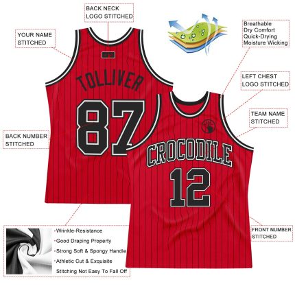 Personalized Red Black Pinstripe Black-White Authentic Basketball Jersey