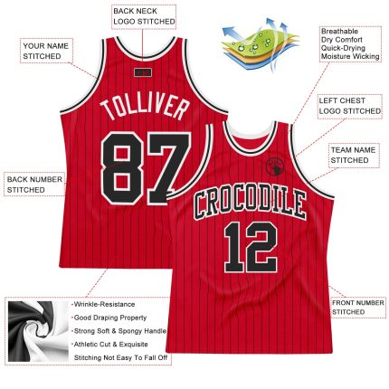 Personalized Red Black Pinstripe Black-White Authentic Basketball Jersey Team Custom Name and Number