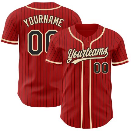 Personalized Red Black Pinstripe City Cream Authentic Baseball Jersey Team Custom Name and Number
