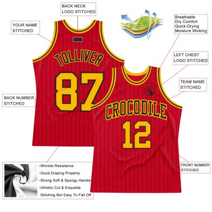 Personalized Red Black Pinstripe Gold-Black Authentic Basketball Jersey Team Custom Name and Number