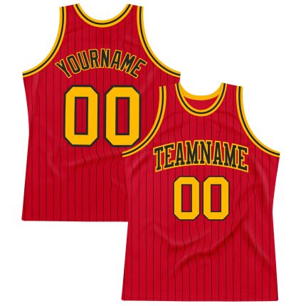 Personalized Red Black Pinstripe Gold-Black Authentic Basketball Jersey Team Custom Name and Number