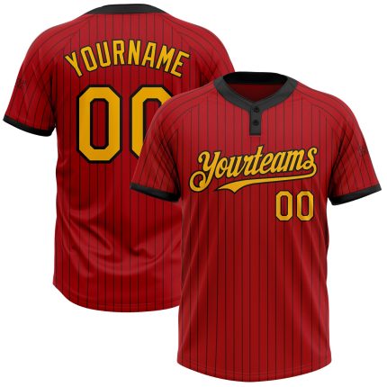Personalized Red Black Pinstripe Gold Two-Button Unisex Softball Jersey Team Custom Name and Number