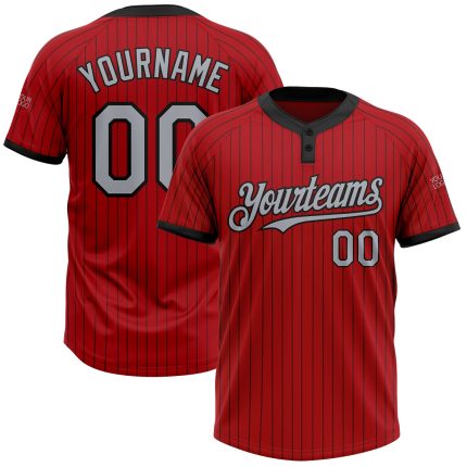 Personalized Red Black Pinstripe Gray Two-Button Unisex Softball Jersey Team Custom Name and Number