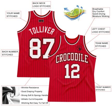 Personalized Red Black Pinstripe White-Black Authentic Basketball Jersey Team Custom Name and Number
