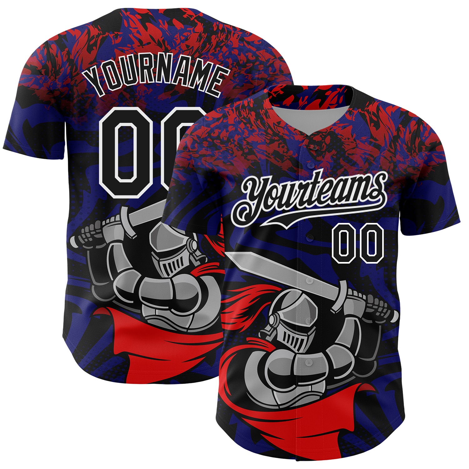 Personalized Red Black-Thunder Blue 3D Pattern Design Knight Hero Art Authentic Baseball Jersey Team Custom Name and Number