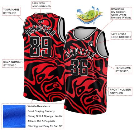 Personalized Red Black-White 3D Pattern Design Abstract Psychedelic Liquid Wave Authentic Basketball Jersey Team Custom Name and Number