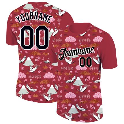 Personalized Red Black-White 3D Pattern Design Animal Crane Performance T-Shirt Team Custom Name and Number