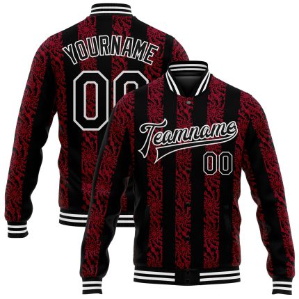 Personalized Red Black-White 3D Pattern Design Bomber Full-Snap Varsity Letterman Jacket Team Custom Name and Number