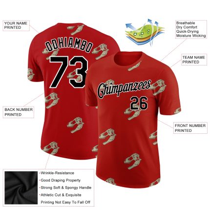 Personalized Red Black-White 3D Pattern Design Dinosaur Skull Performance T-Shirt Team Custom Name and Number