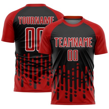 Personalized Red Black-White Abstract Fluid Wave Sublimation Soccer Uniform Jersey Team Custom Name and Number
