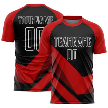 Personalized Red Black-White Arrow Shapes Sublimation Soccer Uniform Jersey Team Custom Name and Number
