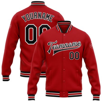 Personalized Red Black-White Bomber Full-Snap Varsity Letterman Jacket