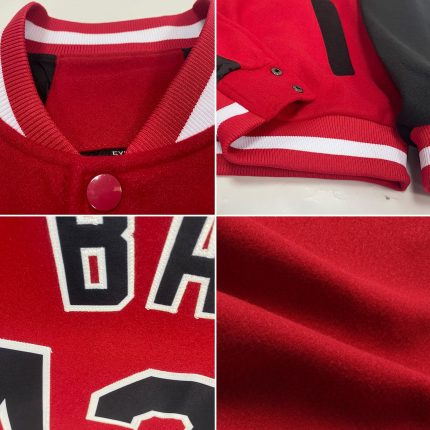Personalized Red Black-White Bomber Full-Snap Varsity Letterman Two Tone Jacket Team Custom Name and Number