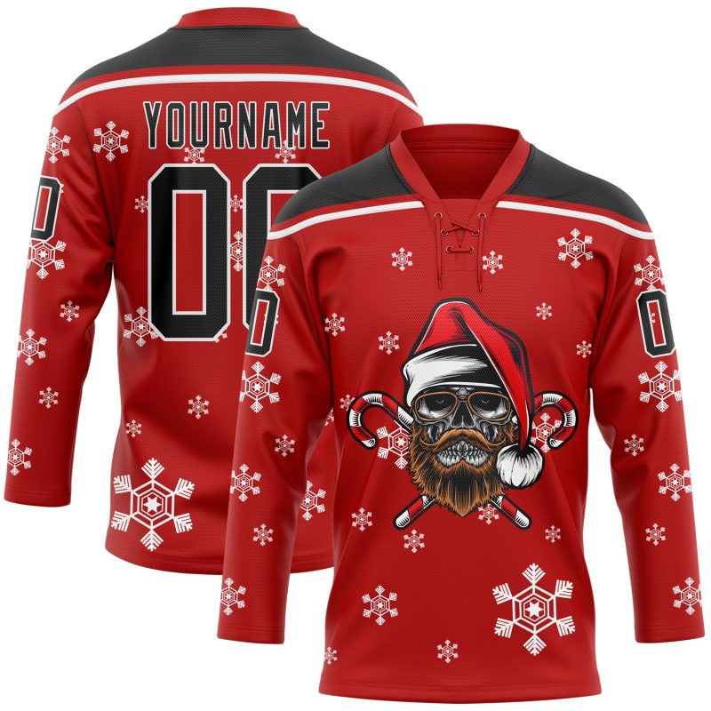 Personalized Red Black-White Christmas Dog Wearing Santa Claus Costume 3D Hockey Lace Neck Jersey Team Custom Name and Number 8897