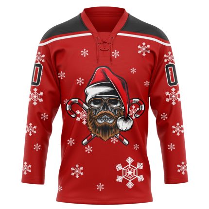 Personalized Red Black-White Christmas Dog Wearing Santa Claus Costume 3D Hockey Lace Neck Jersey Team Custom Name and Number