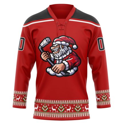 Personalized Red Black-White Christmas Santa Claus 3D Hockey Lace Neck Jersey