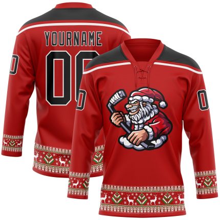 Personalized Red Black-White Christmas Santa Claus 3D Hockey Lace Neck Jersey