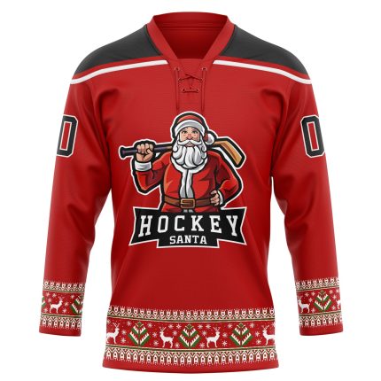 Personalized Red Black-White Christmas Santa Claus 3D Hockey Lace Neck Jersey Team Custom Name and Number