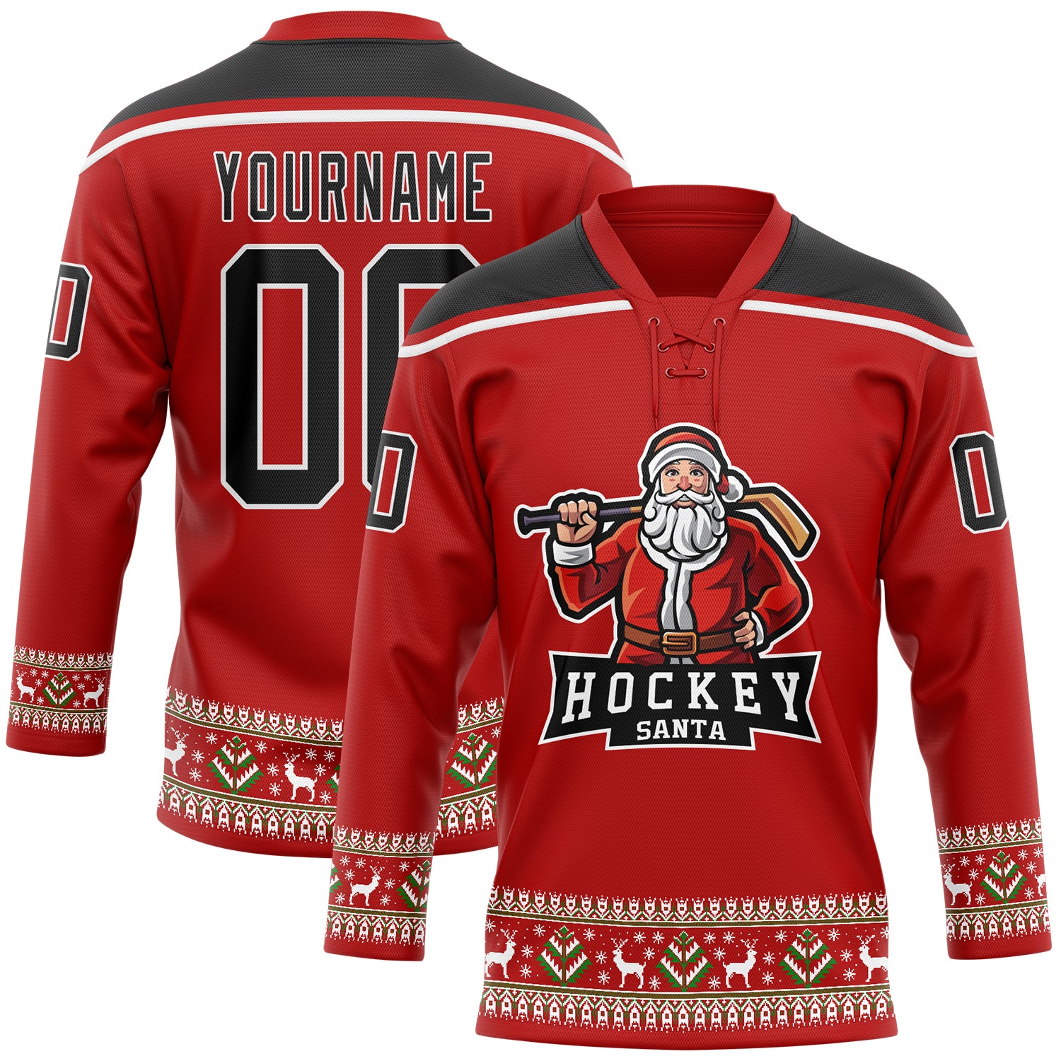 Personalized Red Black-White Christmas Santa Claus 3D Hockey Lace Neck Jersey Team Custom Name and Number