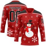 Personalized Red Black-White Christmas Snowman 3D Hockey Lace Neck Jersey Team Custom Name and Number 8897