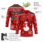 Personalized Red Black-White Christmas Snowman 3D Hockey Lace Neck Jersey Team Custom Name and Number 8897