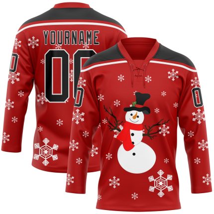 Personalized Red Black-White Christmas Snowman 3D Hockey Lace Neck Jersey Team Custom Name and Number
