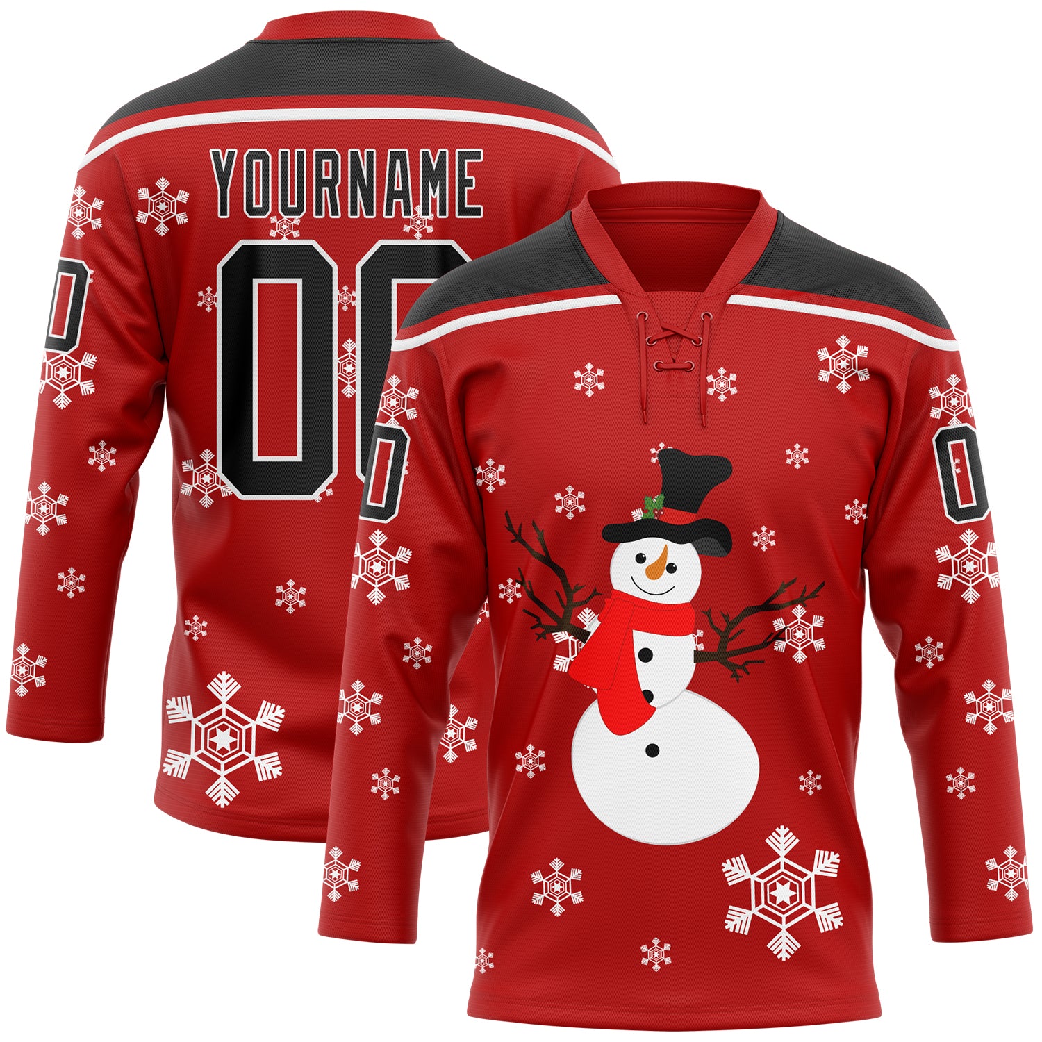 Personalized Red Black-White Christmas Snowman 3D Hockey Lace Neck Jersey Team Custom Name and Number