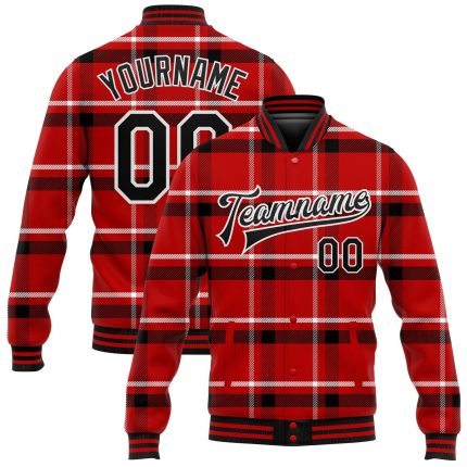 Personalized Red Black-White Classic Western Plaid 3D Pattern Design Bomber Full-Snap Varsity Letterman Jacket Team Custom Name and Number