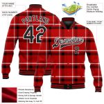Personalized Red Black-White Classic Western Plaid 3D Pattern Design Bomber Full-Snap Varsity Letterman Jacket Team Custom Name and Number