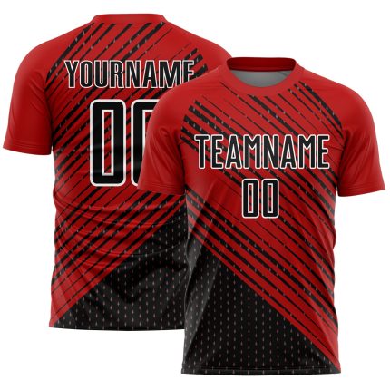 Personalized Red Black-White Diagonal Lines Sublimation Soccer Uniform Jersey Team Custom Name and Number