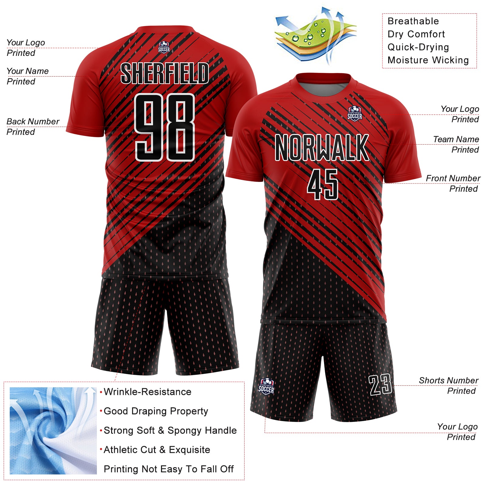 Personalized Red Black-White Diagonal Lines Sublimation Soccer Uniform Jersey Team Custom Name and Number Personalized Red Black-White Diagonal Lines Sublimation Soccer Uniform Jersey Team Custom Name and Number - Image 4
