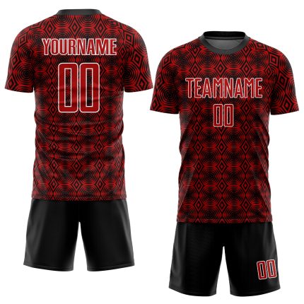 Personalized Red Black-White Geometric Shapes Sublimation Soccer Uniform Jersey Team Custom Name and Number