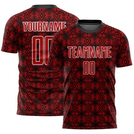 Personalized Red Black-White Geometric Shapes Sublimation Soccer Uniform Jersey Team Custom Name and Number