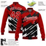 Personalized Red Black-White Lightning 3D Pattern Design Bomber Full-Snap Varsity Letterman Jacket Team Custom Name and Number