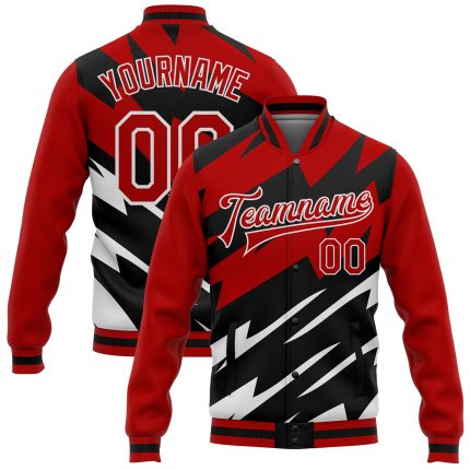 Personalized Red Black-White Lightning 3D Pattern Design Bomber Full-Snap Varsity Letterman Jacket Team Custom Name and Number
