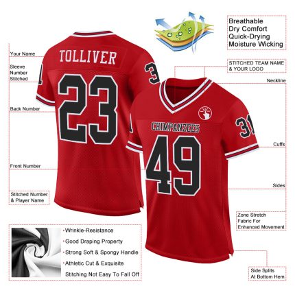 Personalized Red Black-White Mesh Authentic Throwback Football Jersey Team Custom Name and Number