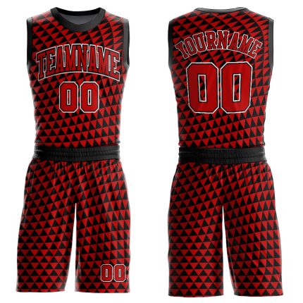 Personalized Red Black-White Triangle Shapes Round Neck Sublimation Basketball Suit Jersey Team Custom Name and Number