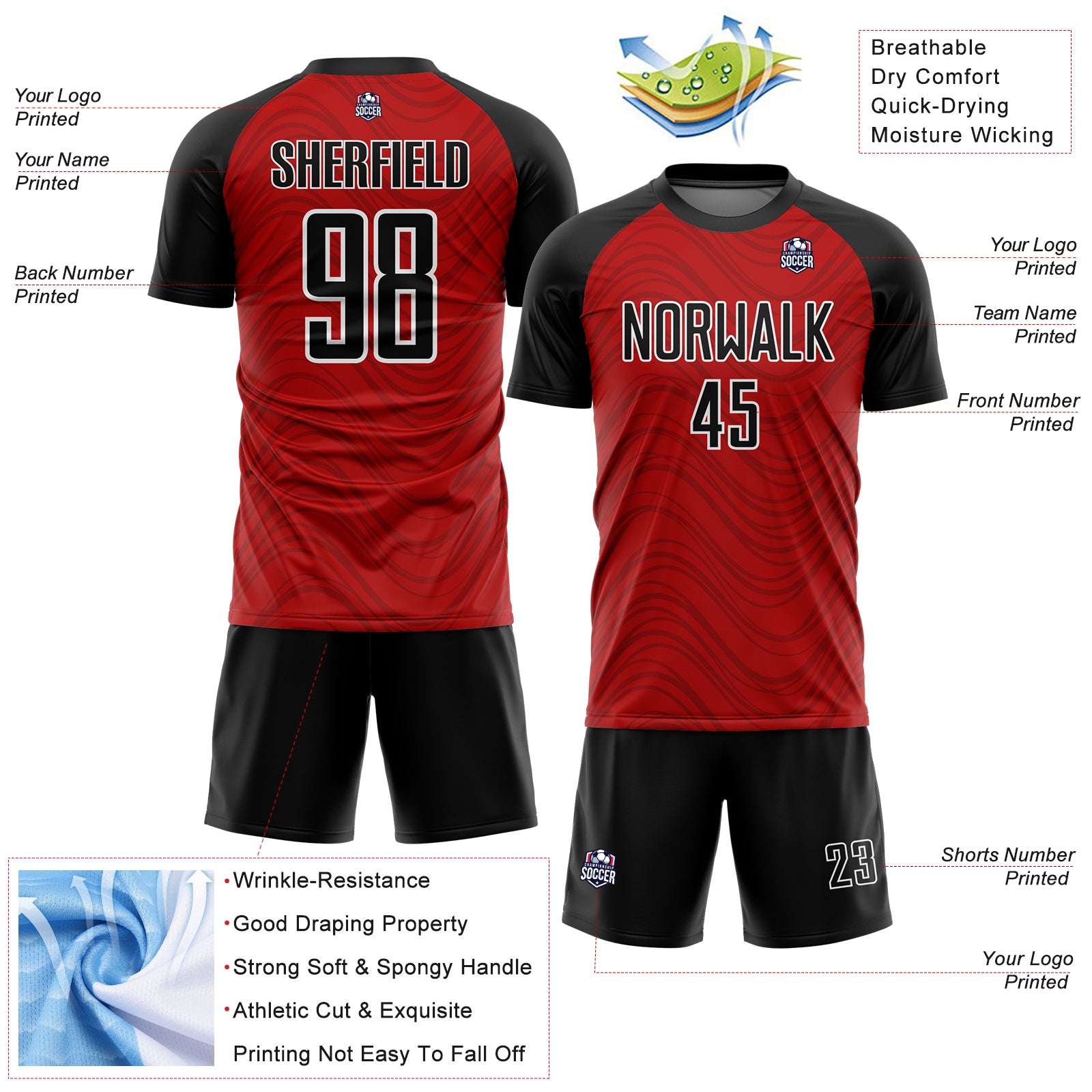 Personalized Red Black-White Wavy Lines Sublimation Soccer Uniform Jersey Team Custom Name and Number Personalized Red Black-White Wavy Lines Sublimation Soccer Uniform Jersey Team Custom Name and Number - Image 4