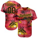 Personalized Red Black-Yellow 3D Pattern Design Sun Beach Hawaii Palm Trees Authentic Baseball Jersey Team Custom Name and Number