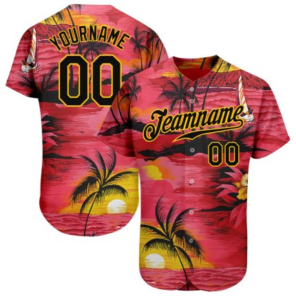 Personalized Red Black-Yellow 3D Pattern Design Sun Beach Hawaii Palm Trees Authentic Baseball Jersey Team Custom Name and Number