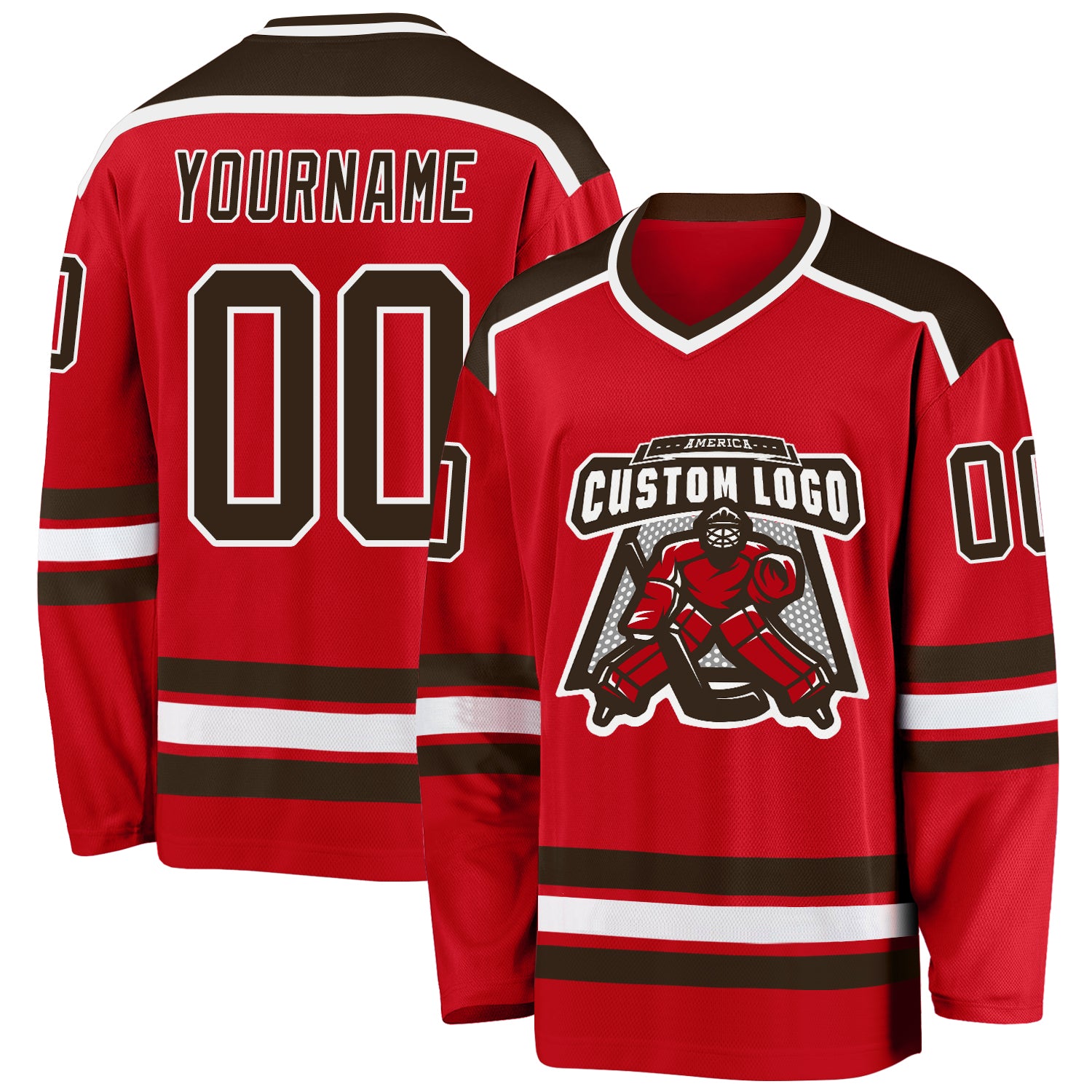 Personalized Red Brown-White Hockey Jersey Team Custom Name and Number