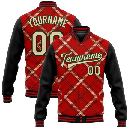 Personalized Red City Cream Black-Green Check Board 3D Pattern Design Bomber Full-Snap Varsity Letterman Jacket Team Custom Name and Number