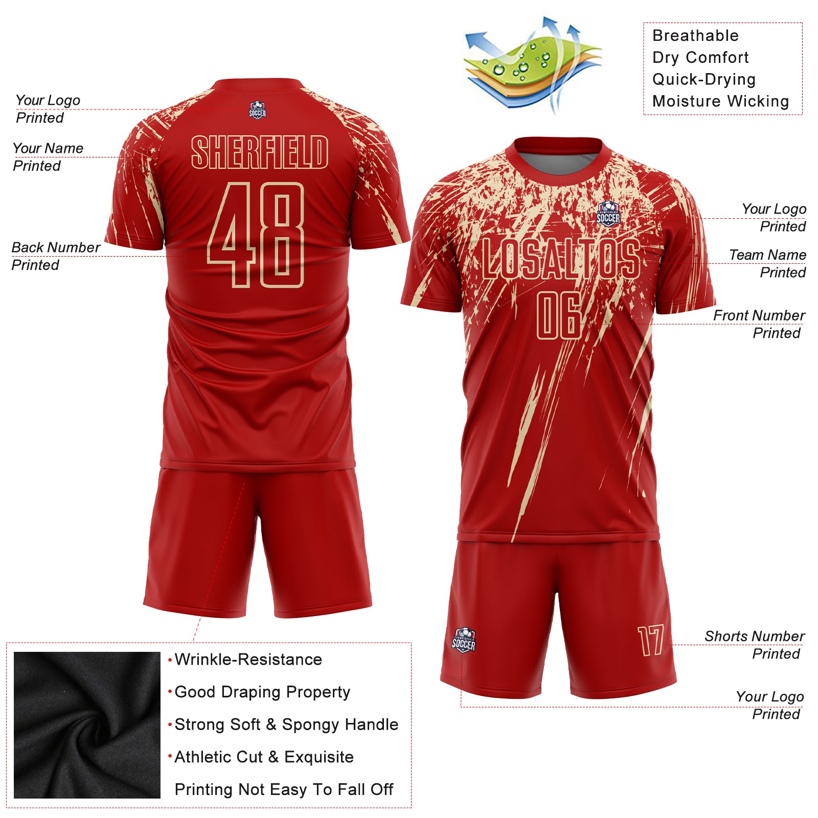 Personalized Red City Cream Sublimation Soccer Uniform Jersey Team Custom Name and Number Personalized Red City Cream Sublimation Soccer Uniform Jersey Team Custom Name and Number - Image 3