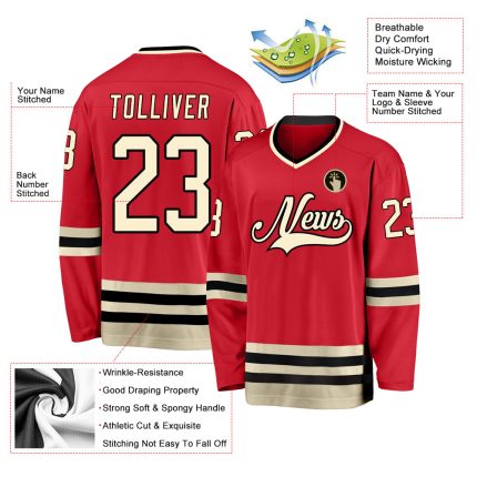 Personalized Red Cream-Black Hockey Jersey Team Custom Name and Number