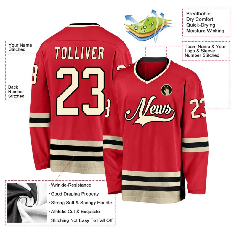 Personalized Red Cream-Black Hockey Jersey Team Custom Name and Number