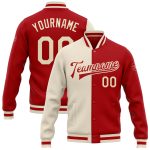 Personalized Red Cream Bomber Full-Snap Varsity Letterman Split Fashion Jacket Team Custom Name and Number