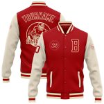 Personalized Red Cream Bomber Full-Snap Varsity Letterman Two Tone Jacket Team Custom Name and Number
