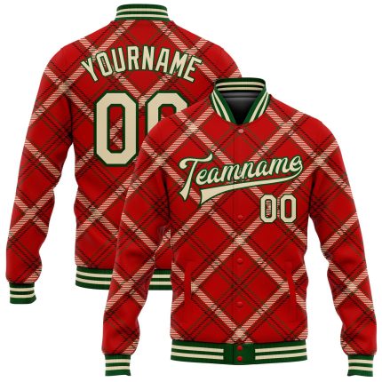 Personalized Red Cream-Green Check Board 3D Pattern Design Bomber Full-Snap Varsity Letterman Jacket Team Custom Name and Number